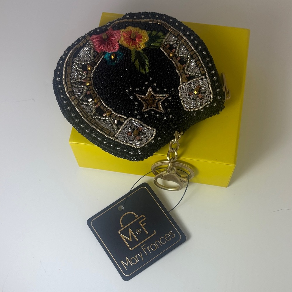 New With Tags-Mary Frances Black Beaded Floral Horseshoe Coin Purse Clutch